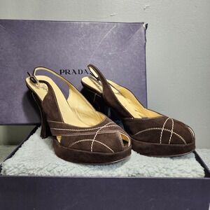 Prada‎ Brown Suede Platform Peep Toe Cam Profilo Moro Size 35.5 Size 5.5 w/ Box